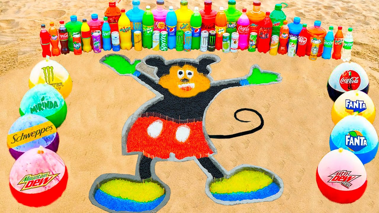 How to make Rainbow Mickey Mouse with Orbeez, Fanta, Monster, Coca-Cola vs Mentos & Popular Sodas